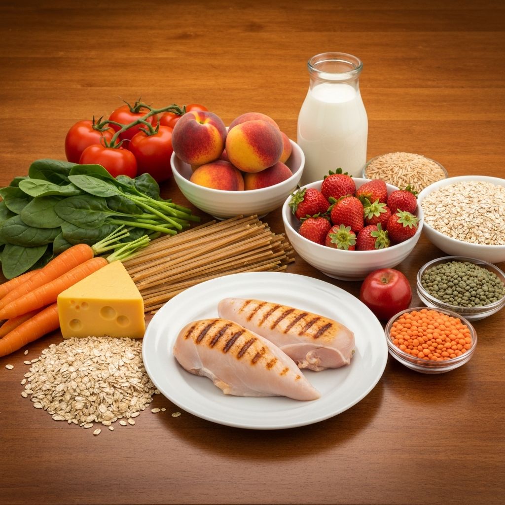 Összes élelmiszercsoportok: zöldségek, gyümölcsök, gabonafélégyümölcsök, fehérjeforrások rendezett asztalon