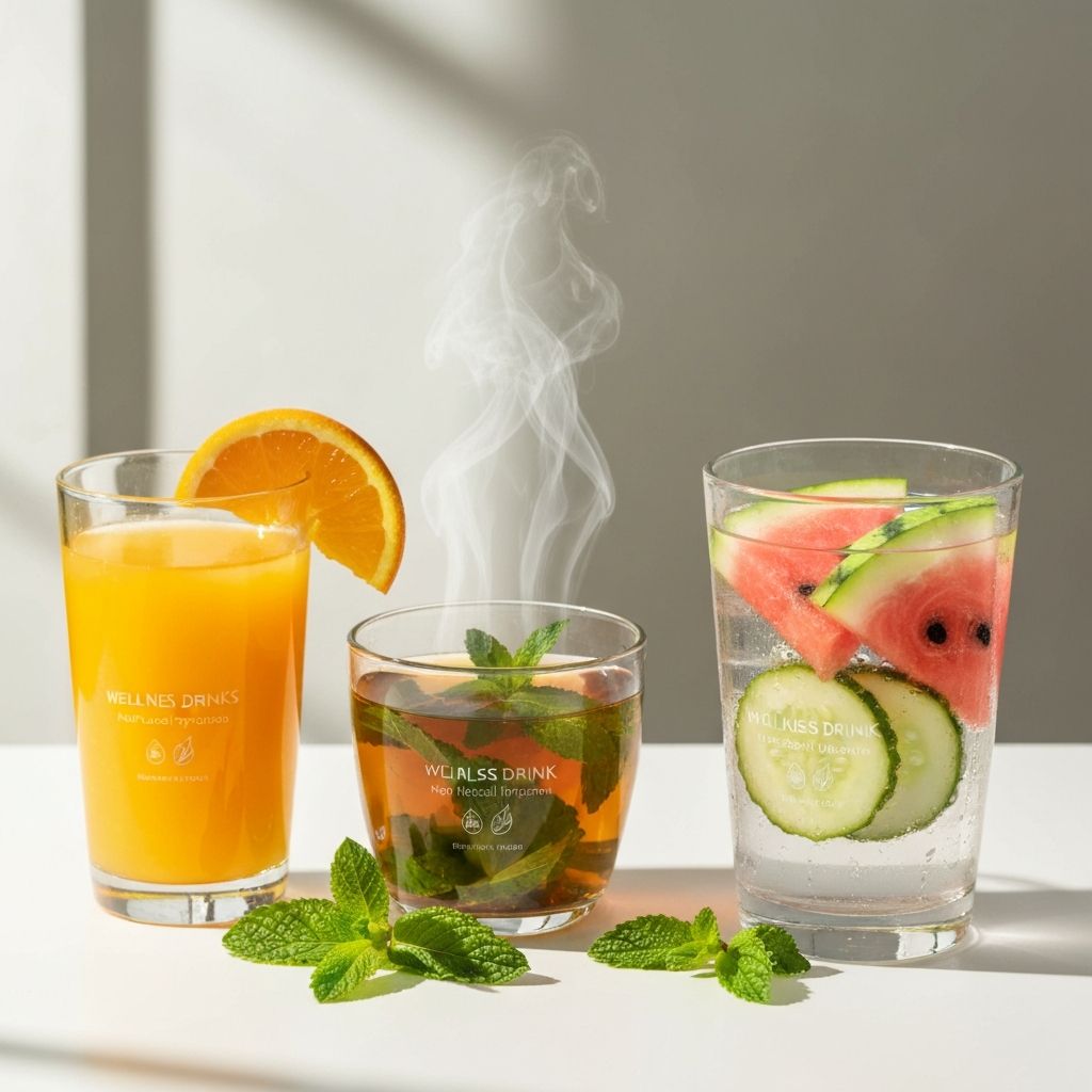 Egészséges italok: friss gyümölcslé, tea, víz gyümölcsökkel