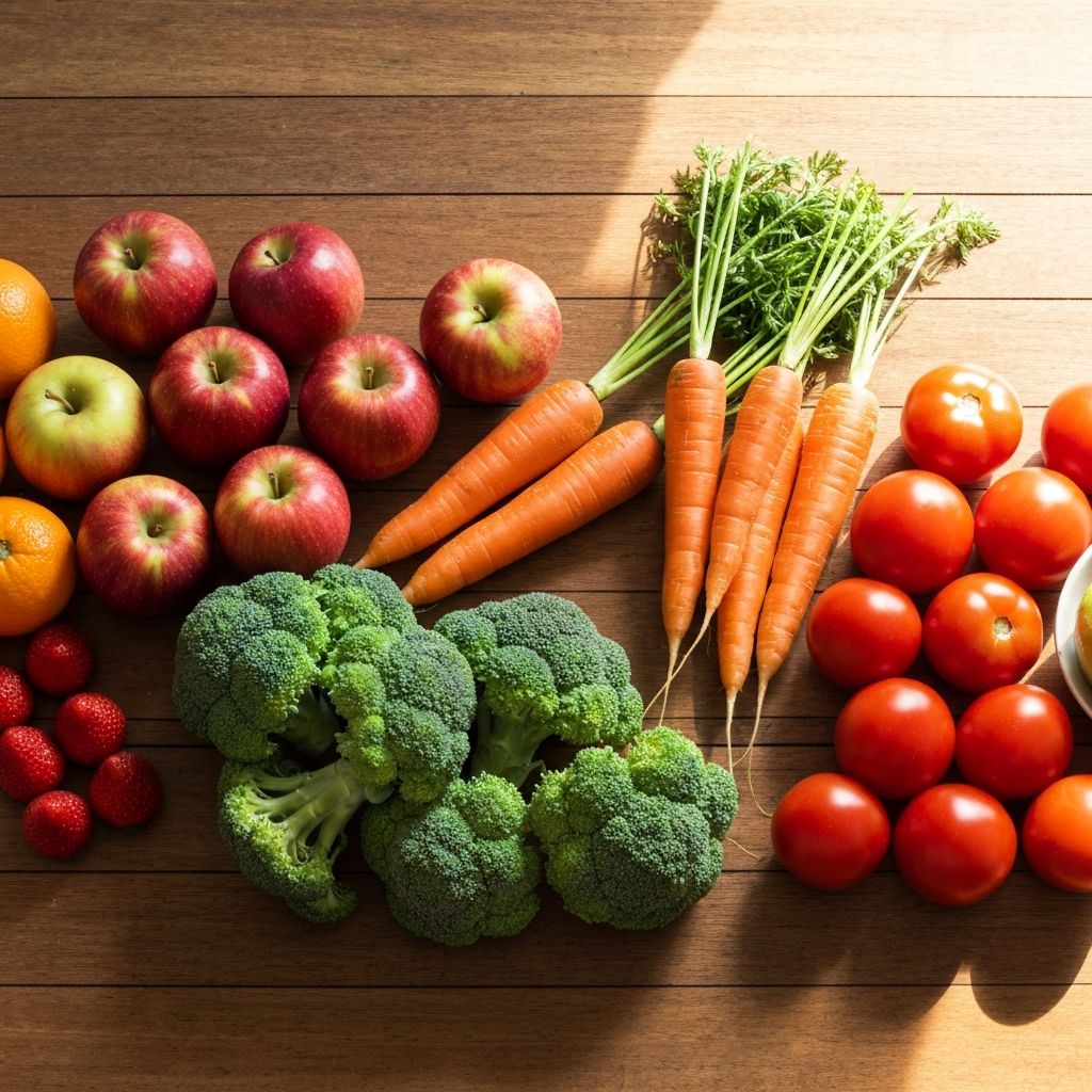 Friss zöldségek és gyümölcsök fából készült asztalon