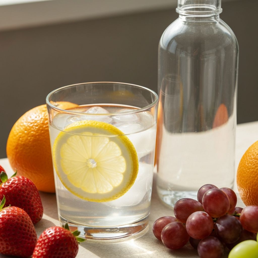Friss víz citrommal, vízpalack, gyümölcsök